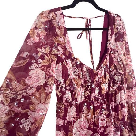 Altar’d State Womens‎ Burgundy Sequin Floral Maxi Dress Open Back Size Small - Picture 5 of 16